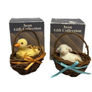 Avon Easter Yellow Duck Basket And Lamb Ornament Wicker